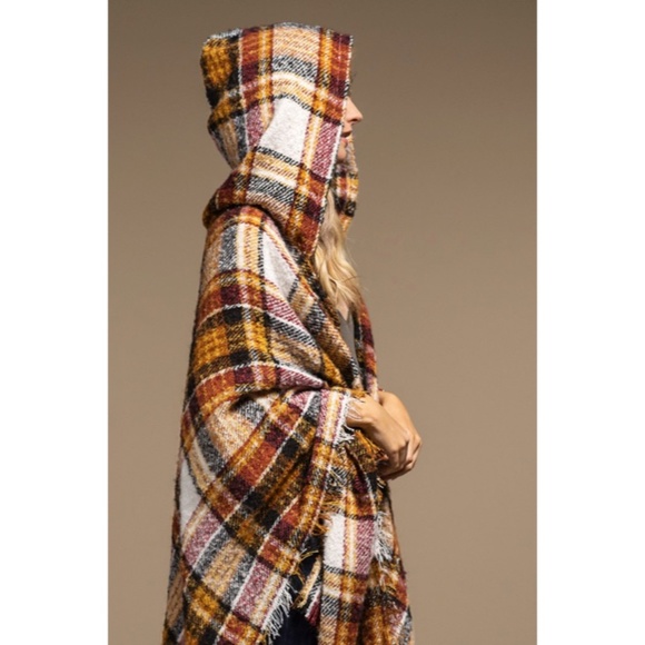 SOLD OUT Mochachino Knit Plaid Hooded Hoodie Open Fringe Ruana Wrap Fall Casual - Picture 3 of 6